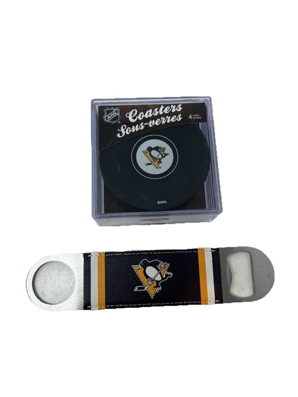 Pittsburgh Penguins Hockey Puck Coaster Set Long Neck Bottle Opener Man Cave Bar